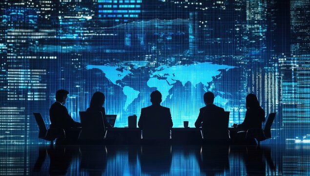 Silhouette of a business meeting with a global digital cityscape backdrop