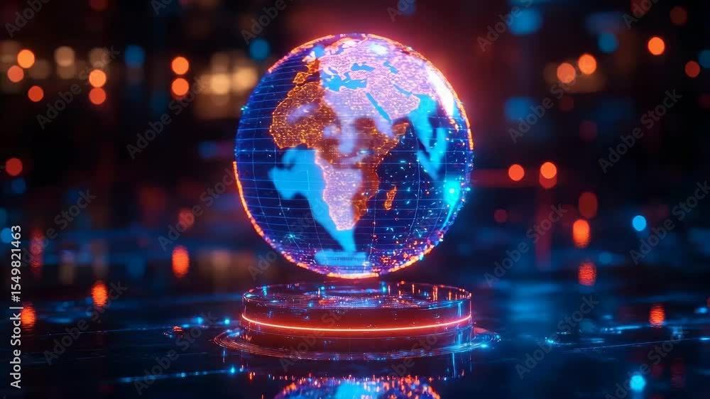 Poster dynamic rotating digital globe with futuristic neon highlights and global connectivity