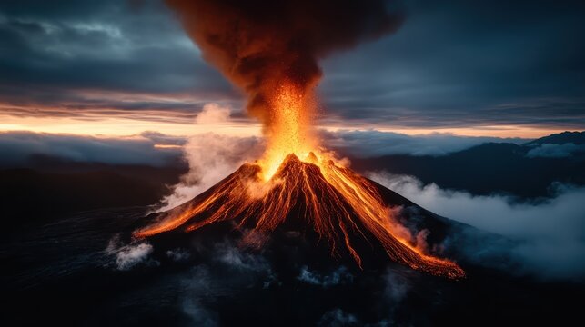 A dramatic view of a volcano erupting under a cloudy dusk sky, showcasing the raw power of nature with fiery lava and ash, symbolizing energy, transformation, and awe-inspiring forces.
