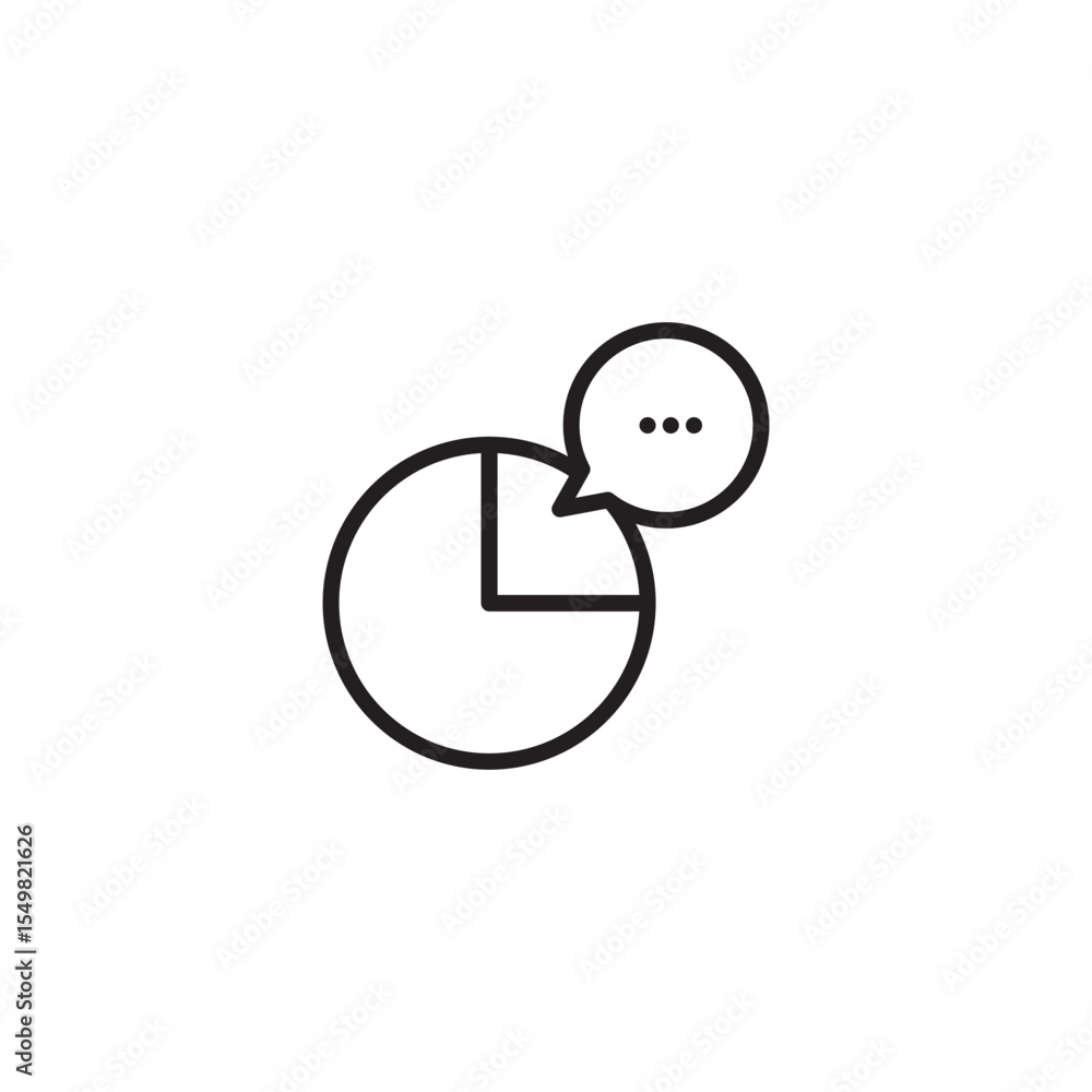 Poster a clean line art icon of a pie chart with one segment separated. a speech bubble with ellipses emerg