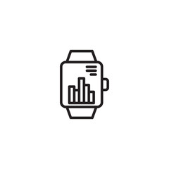 A minimalist line art icon of a smartwatch displaying a bar chart on its screen, along with horizontal lines suggesting data or settings. 