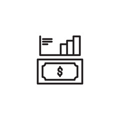 A clean line art icon depicts a dollar bill with a dollar sign. Above it, a bar chart and horizontal lines suggest financial growth, budgeting, or money-related data visualization and analysis.