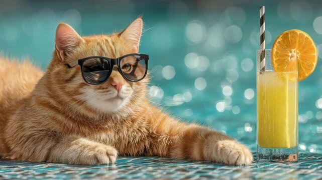 Relaxed cat sunbathing by the poolside with refreshing citrus beverage and sunglasses