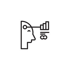 A line art icon of a stylized head in profile, with a connected circle on the forehead representing thought or data input.