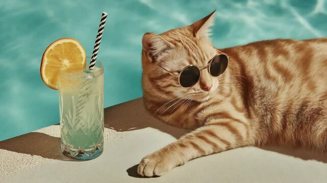 Relaxed cat by poolside with cocktail: sunbathing and enjoying a refreshing drink