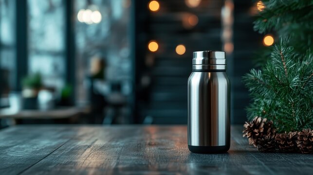 Showcasing a sleek stainless steel thermos on a wooden table, complemented by holiday decor, this image conveys warmth, comfort, and the essence of cozy gatherings during winter festivities.
