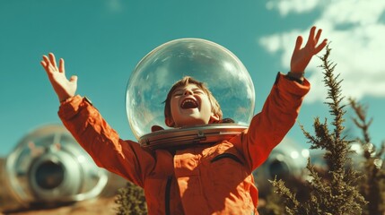 A joyful child in a spacesuit helmet beams with excitement, symbolizing the wonder of exploration and the limitless possibilities of imagination in outdoor adventures.