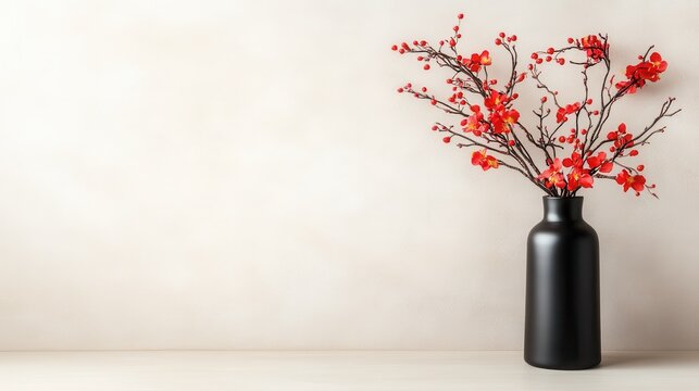 A striking floral arrangement featuring vibrant red blossoms in a sleek black vase, representing beauty, creativity, and the elegance of nature in modern decor.