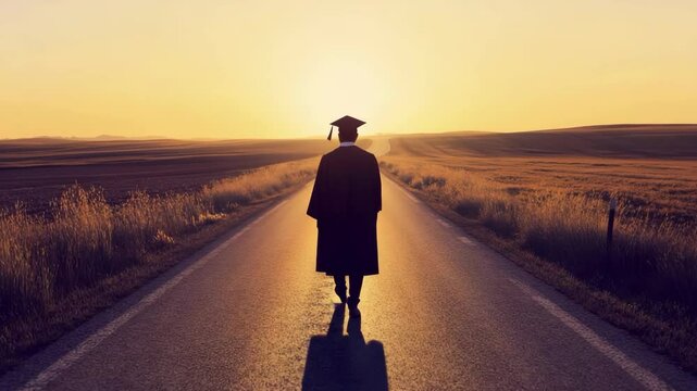 Graduate walking into sunset on quiet rural road symbolizing new beginnings and future opportunities