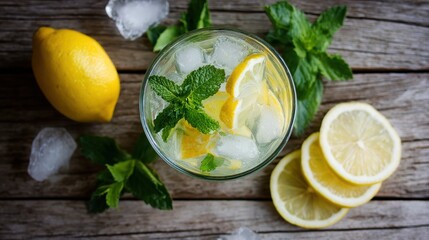 Refreshing summer drink with lemon, mint and ice in a glass on rustic wooden background, ideal for food blogs, ads and seasonal menus