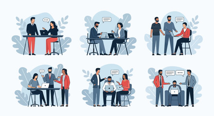 Fototapeta premium Diverse Business Team Collaboration: Six Scenes of Professionals Working Together on Laptops