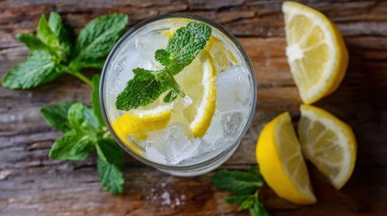 Refreshing summer drink with lemon, mint and ice in a glass on rustic wooden background, ideal for food blogs, ads and seasonal menus