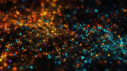 A vibrant abstract digital network visualization with glowing orange and blue nodes interconnected by delicate lines on a dark background.