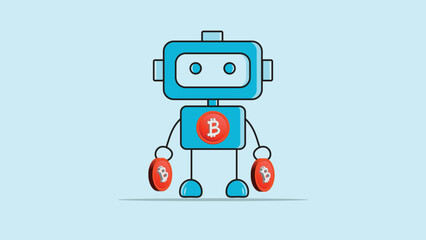 blue robot with 3d bitcoin icon