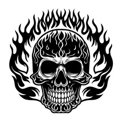 Intricate black and white skull with flames silhouette design
