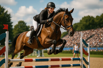 A rider skillfully jumps over an obstacle in an equestrian event.
