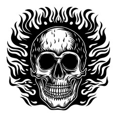 Intricate black and white skull with fiery flames silhouette