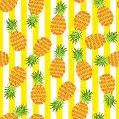 Seamless pattern of realistic pineapples on a background of vertical stripes of yellow and white