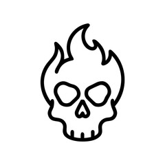 Stylized skull with flames on top in a bold black outline silhouette
