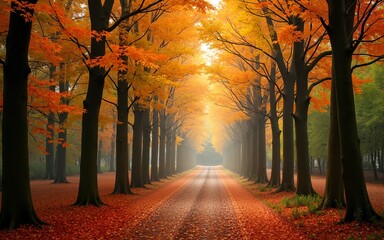 A scenic view of a forest with colorful leaves, symbolizing autumn and nature, suitable for landscape and seasonal themes. High quality