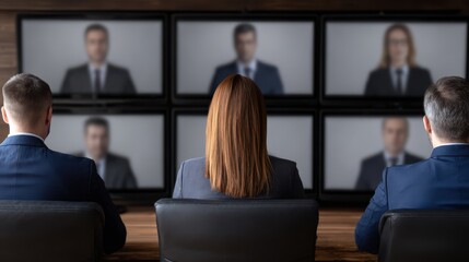 Three people in a meeting room watch a video conference on multiple screens showing blurred participants.