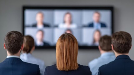 A group of professionals watches a large screen displaying a video conference with multiple participants.