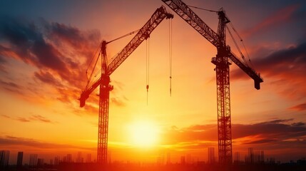 Silhouettes of towering construction cranes against a vibrant sunset represent progress, innovation, and the industrial evolution of urban landscapes and architecture.