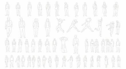 Line Art Illustration of Diverse People in Various Poses on White Background