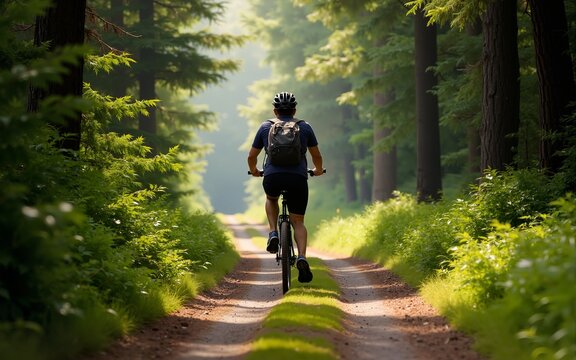 A person rides a bicycle down a forest path with trees and foliage surrounding them. High quality