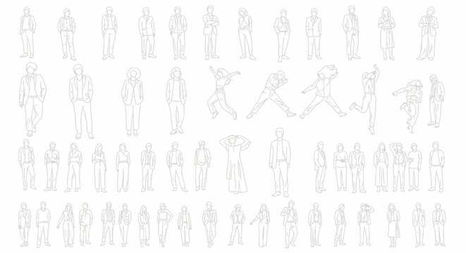 Line Art Illustration of Diverse People in Various Poses on White Background