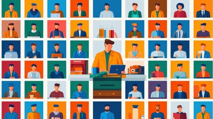 Fototapeta premium Illustration of diverse professionals and workers displayed in a grid, with a central figure working on a laptop, symbolizing teamwork and various occupations.