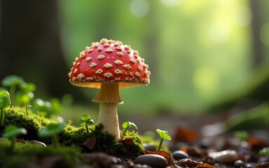 Red mushroom and green sprout on forest floor for nature and growth themed designs. High quality