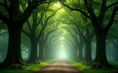 Magical forest pathway lined with tree arches, creating a serene and mysterious atmosphere in the green woods. Ideal for nature and fantasy themes. High quality