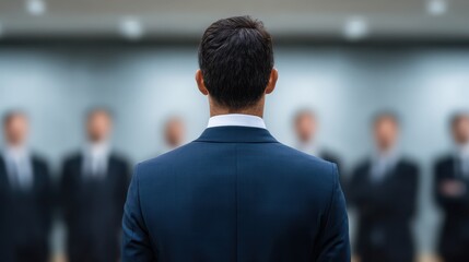 A man in a suit stands with his back to the camera, facing a blurred group of people in formal attire, suggesting a business meeting or presentation setting.