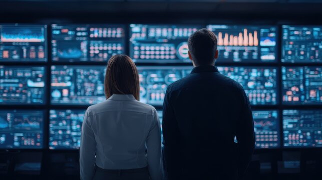 Two professionals stand facing multiple digital screens filled with data and graphs in a futuristic command center. - Powered by Adobe
