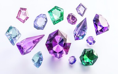 Fototapeta premium Of geometric-cut gemstones, including triangular emeralds and pentagon-shaped amethysts, levitating in harmony on a white background