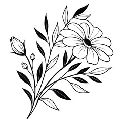 Elegant black and white floral illustration with a blooming flower and bud