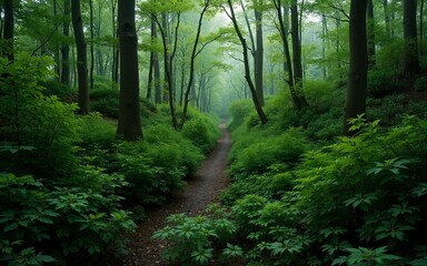 Obraz premium A dense forest with numerous green trees, ideal for nature and outdoor themes. High quality