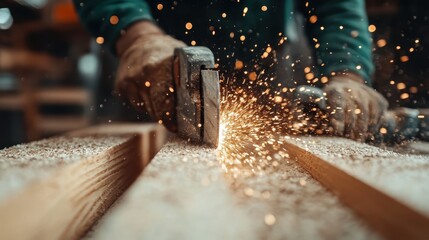 A close-up of a craftsman working with wood, sparks flying, capturing the essence of hard work, craftsmanship, and ingenuity, showcasing dedication to creating beautiful projects.