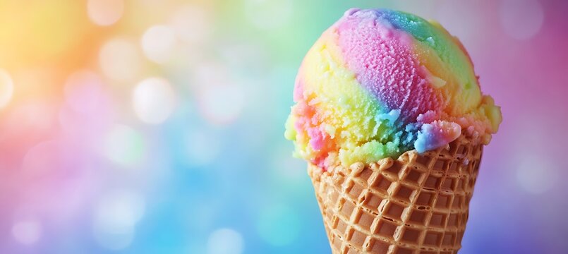 A colorful scoop of rainbow sherbet in a waffle cone