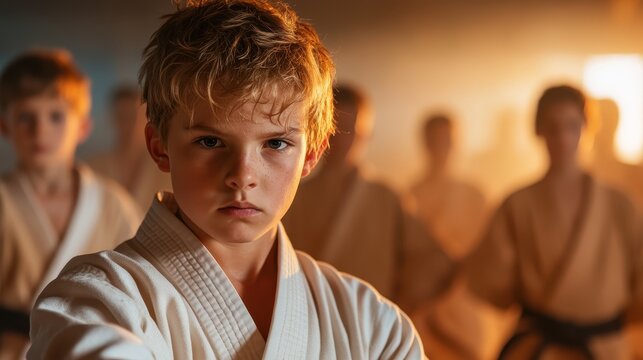 A determined young karateka in traditional gi embodies focus and discipline amidst a dynamic training environment, illustrating the commitment and spirit of martial arts training. - Powered by Adobe