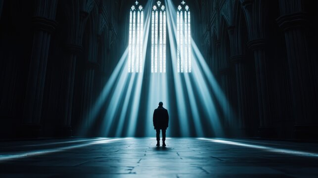 The majestic interior of a gothic cathedral showcases a solitary figure illuminated by beams of light streaming through stunning stained glass windows.