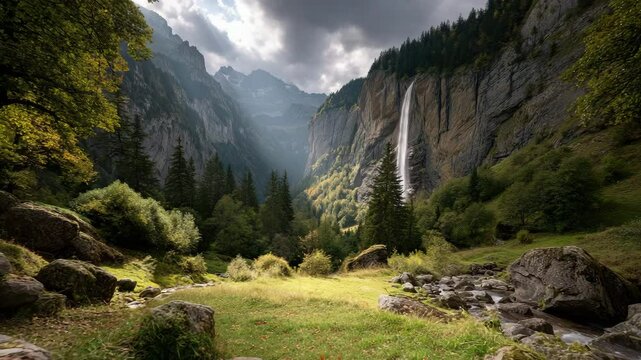 Worm&rsquo;s Eye View of Staubbach Falls &ndash; Lauterbrunnen Valley from Grassy Meadow