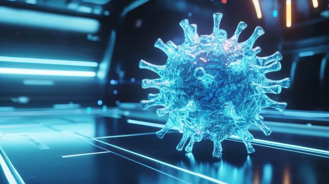 3D Model of a Virus with Blue Glow in High-Tech Environment