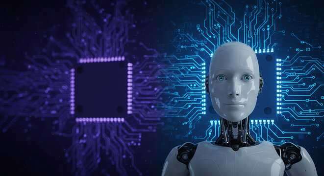 Futuristic AI Robot with Digital Circuit Background &ndash; Artificial Intelligence Concept