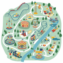 Amusement park map with roller coasters carousels and attractions depicted in a cartoonish style