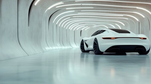 A sleek white car set against a minimalist tunnel evokes a sense of speed and innovation, representing the future of automotive design and technology.