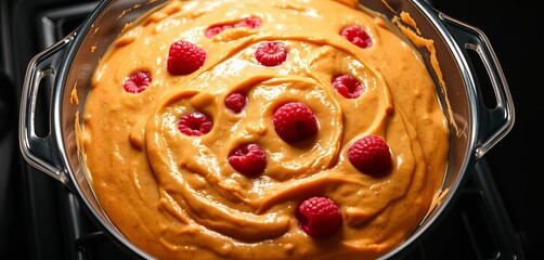 Golden-brown raspberry batter in a baking dish, ready for the oven,  sweet,  ready