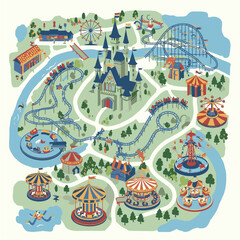 Colorful amusement park map with a castle roller coasters carousels and various rides surrounded by a river © Indhgraphy Visual