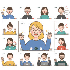 Illustration shows 12 people on a video conference call smiling and waving